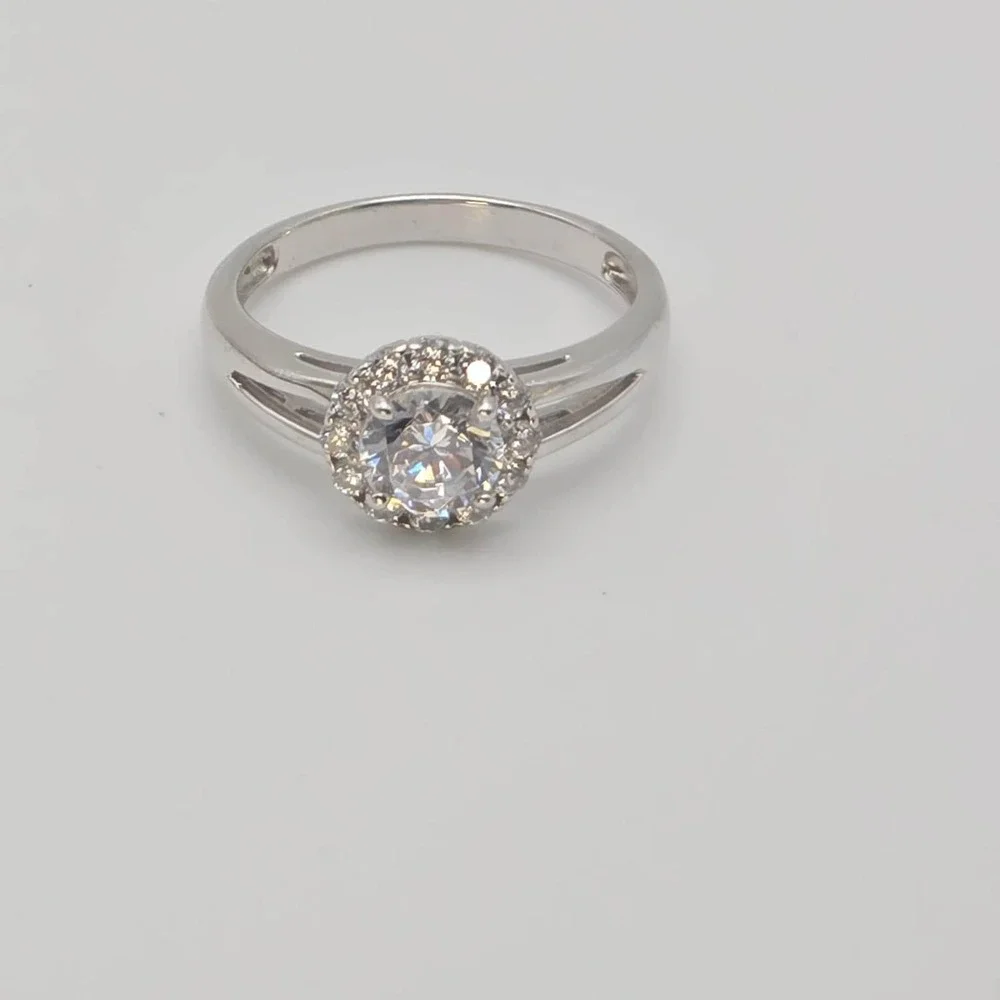 Vtg CN Signed 925 Sterling Silver Ring Halo Cubic Zirconia Split-Shank Size‎ 7